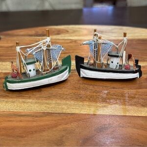Set of 2 Vintage Miniature Fishing Ship Boats Trawler Nautical Wooden Souvenir